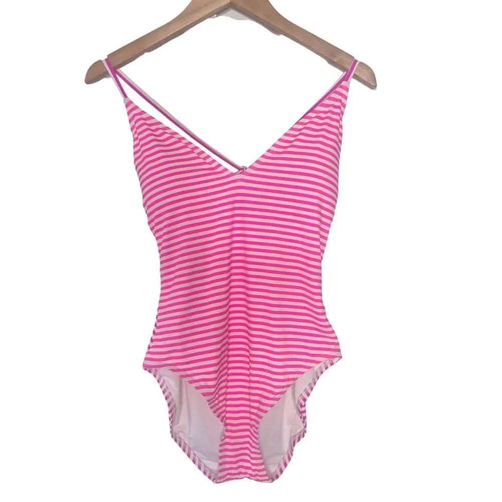 Kate Spade Radiant Pink Ringmaster Stripe V-neck One-piece Size Large Preppy NWT